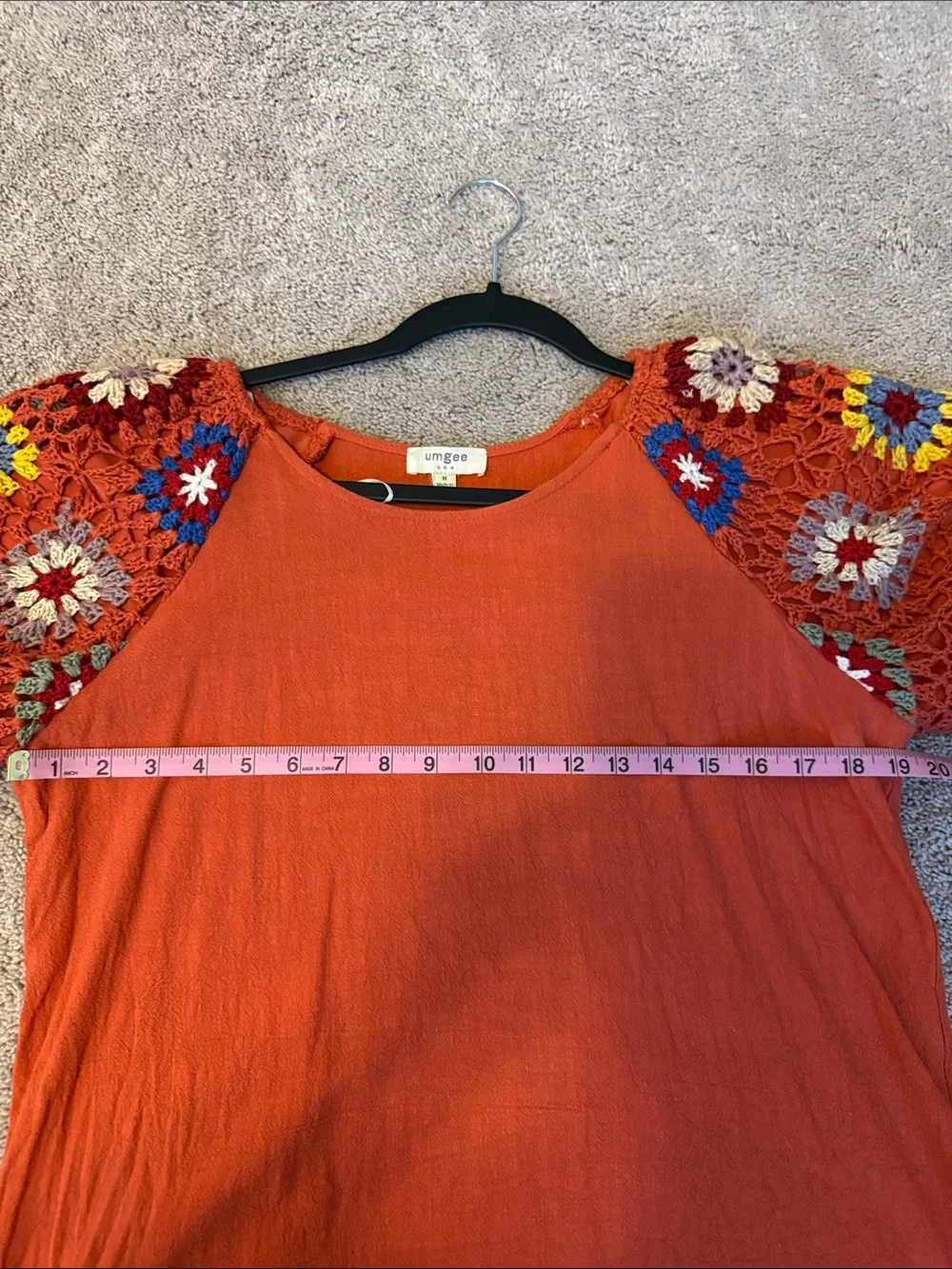 Umgee Rust Woven Tunic with Multicolor Crochet Sleeves - Picture 8 of 12